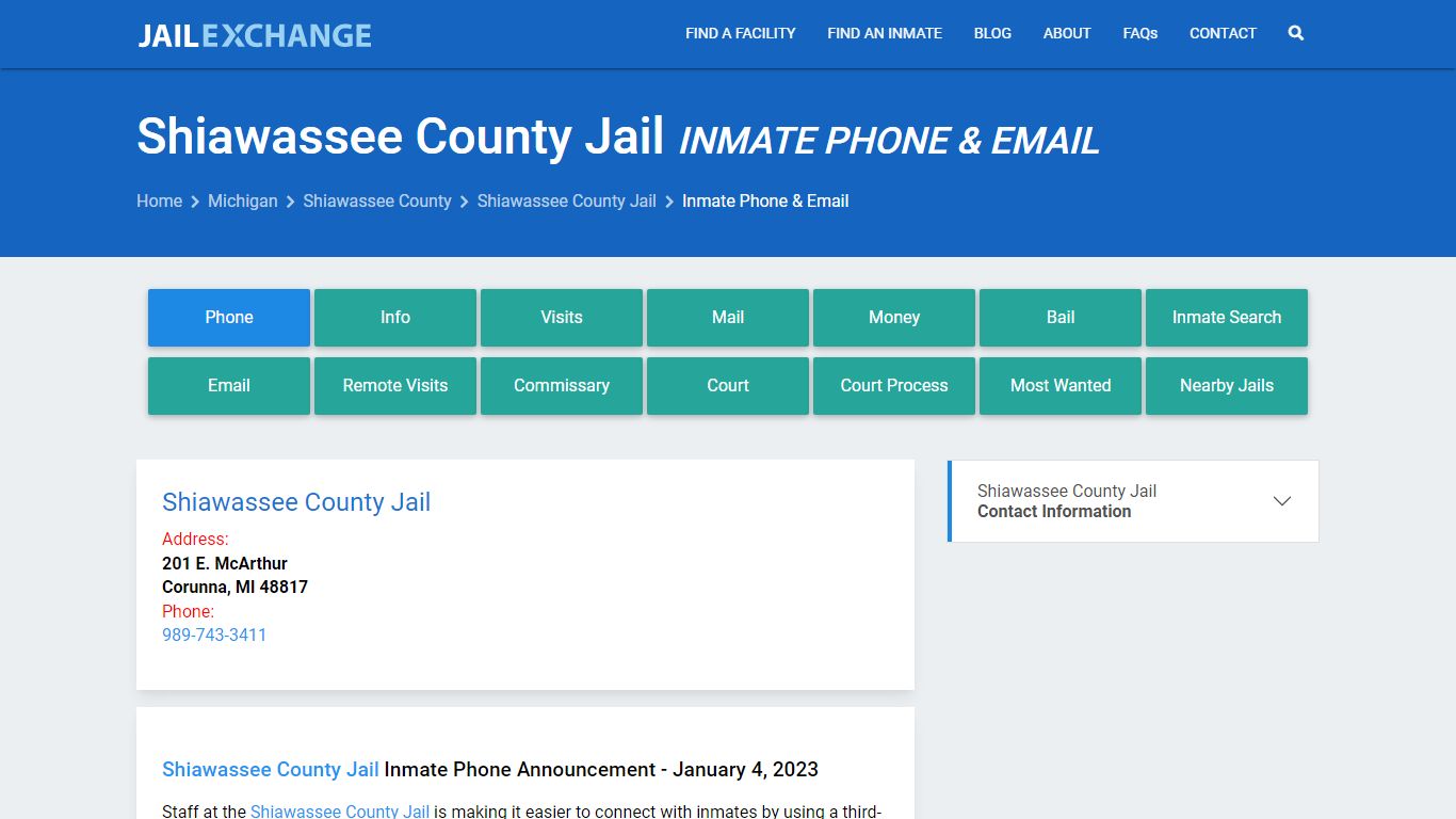 Inmate Phone - Shiawassee County Jail, MI - Jail Exchange